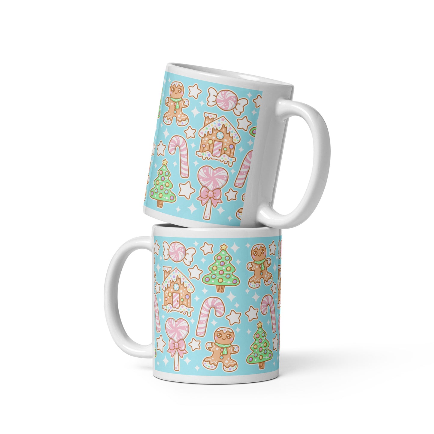 Kawaii Christmas White Glossy Mug (Blue Cotton Candy)