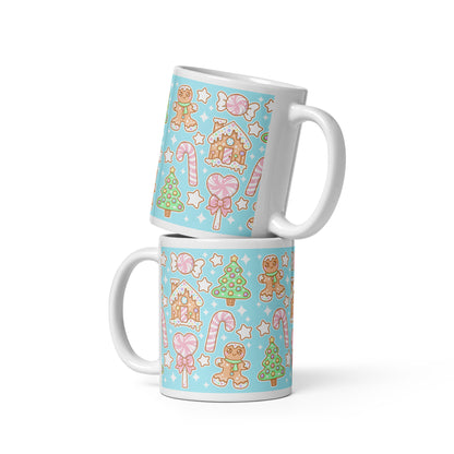 Kawaii Christmas White Glossy Mug (Blue Cotton Candy)