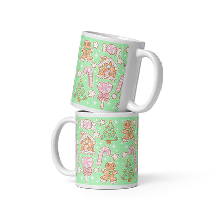 Kawaii Christmas White Glossy Mug (Candy Mint Delight)