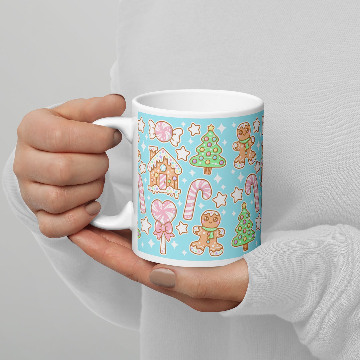 Kawaii Christmas White Glossy Mug (Blue Cotton Candy)