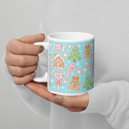 Kawaii Christmas White Glossy Mug (Blue Cotton Candy)