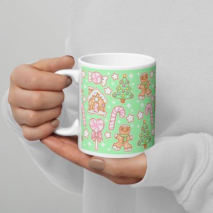 Kawaii Christmas White Glossy Mug (Candy Mint Delight)