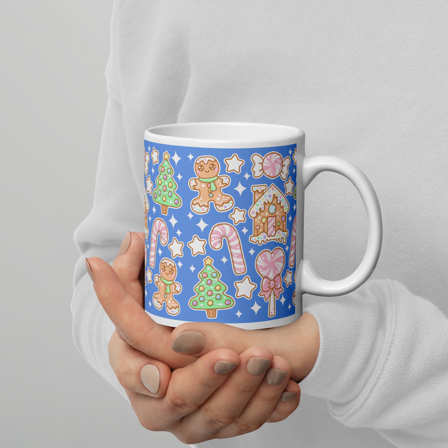 Kawaii Christmas White Glossy Mug (Blueberry Candy)