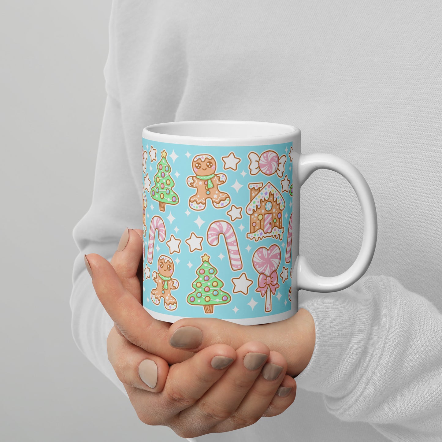 Kawaii Christmas White Glossy Mug (Blue Cotton Candy)
