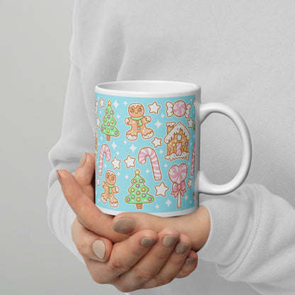 Kawaii Christmas White Glossy Mug (Blue Cotton Candy)