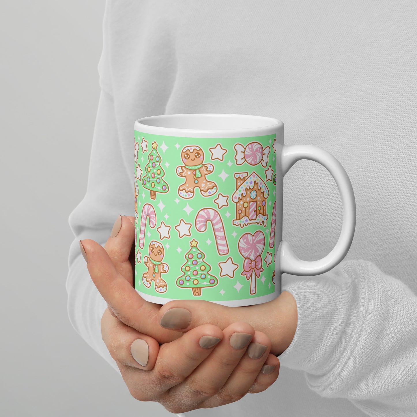 Kawaii Christmas White Glossy Mug (Candy Mint Delight)