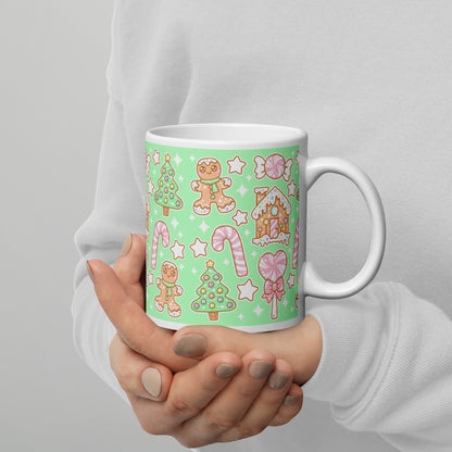 Kawaii Christmas White Glossy Mug (Candy Mint Delight)