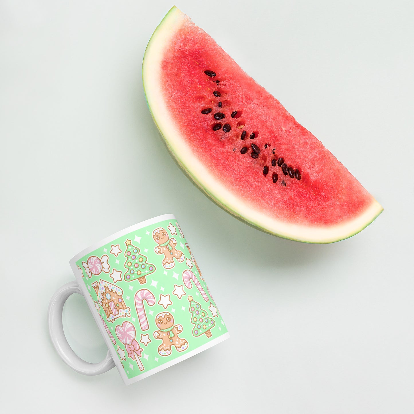 Kawaii Christmas White Glossy Mug (Candy Mint Delight)