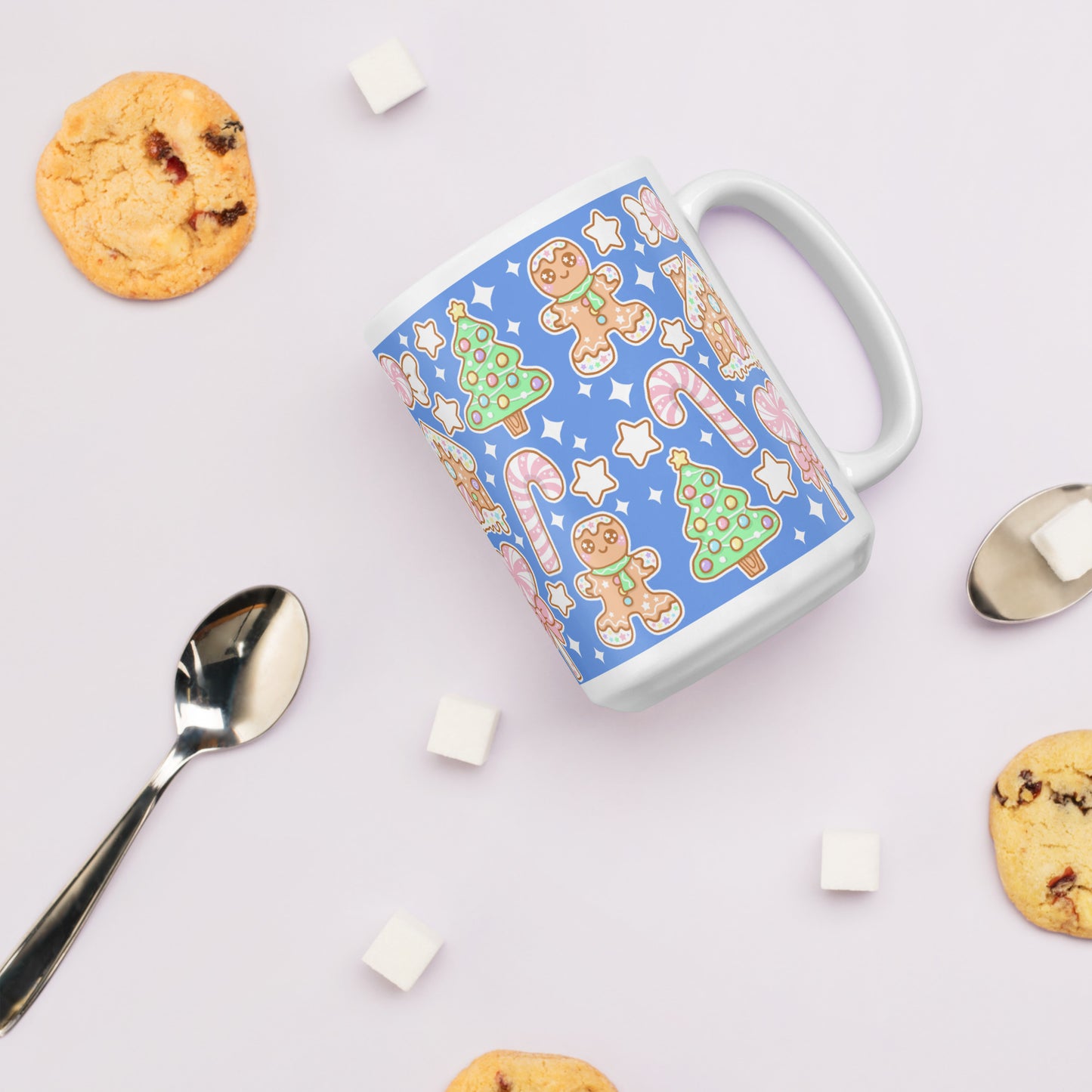Kawaii Christmas White Glossy Mug (Blueberry Candy)
