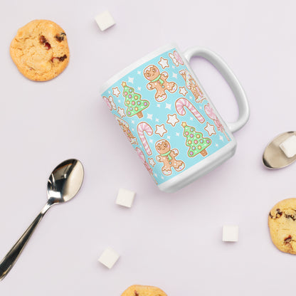 Kawaii Christmas White Glossy Mug (Blue Cotton Candy)