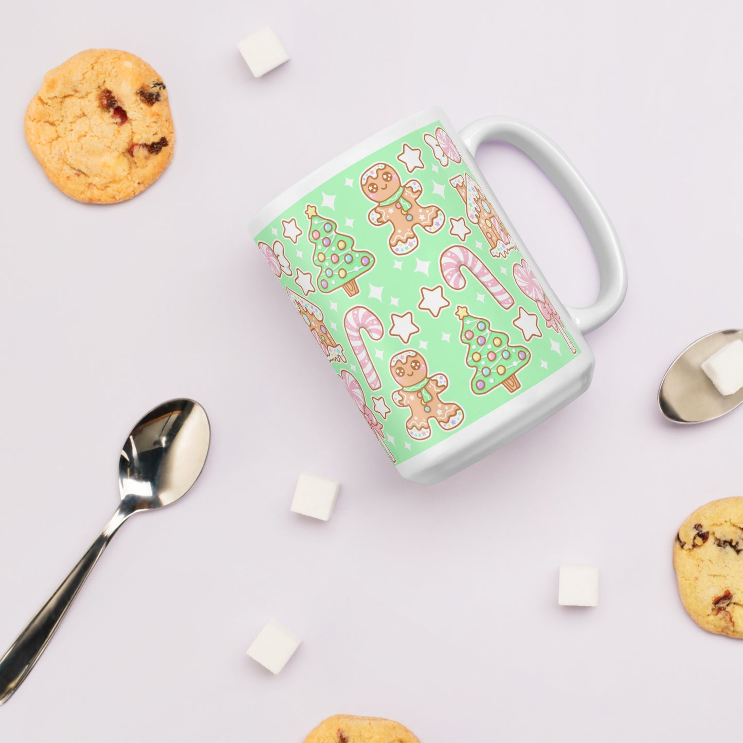 Kawaii Christmas White Glossy Mug (Candy Mint Delight)