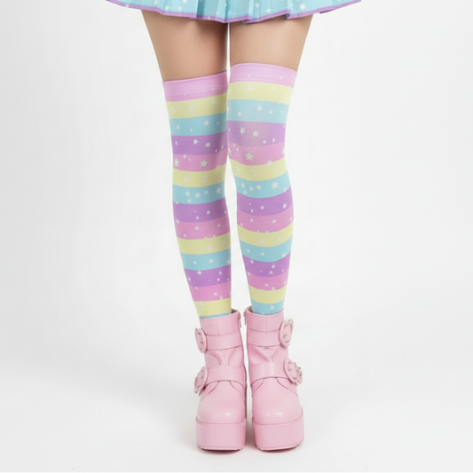 yume kawaii fairy kei kawaii fashion harajuku fashion cute cutecore jojifuku haisei era Starry Party Rainbow Over Knee Stocking Socks