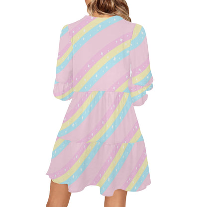 Teatime Fantasy Pink Rainbow V-Neck Loose Fit Chiffon Dress