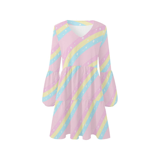 Teatime Fantasy Pink Rainbow V-Neck Loose Fit Chiffon Dress