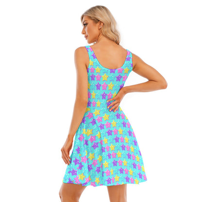 Electric Star Wave Blue Skater Dress With Pockets