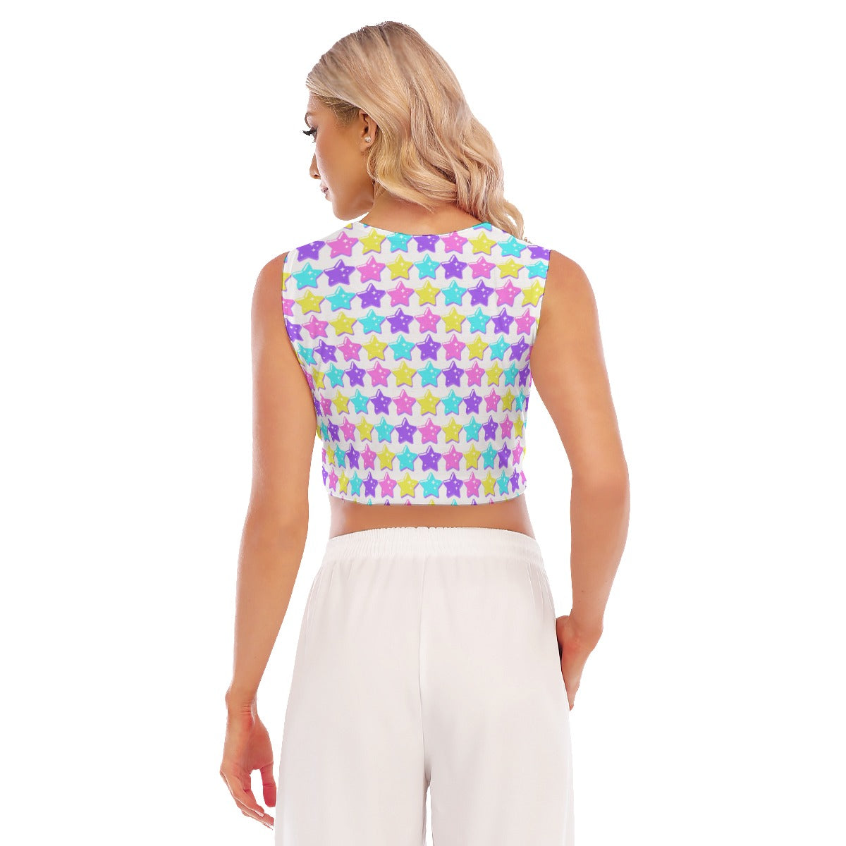 Electric Star Wave White Sleeveless Relaxed Fit Crop Top
