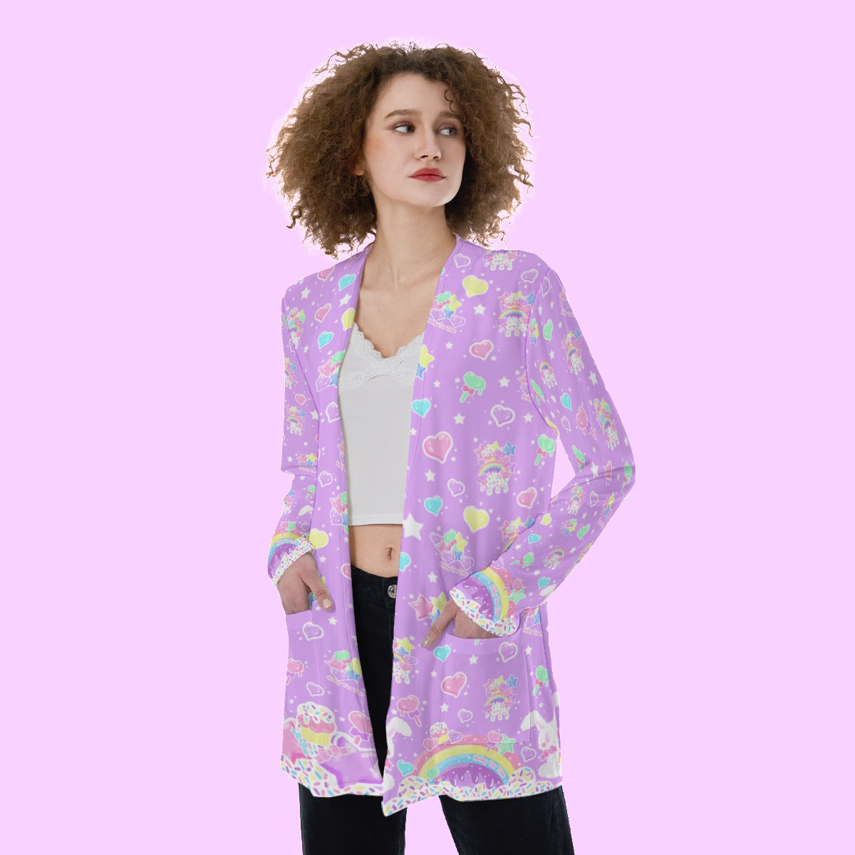 Rainbow Sweets Purple Open Front Lightweight Cardigan With Pockets