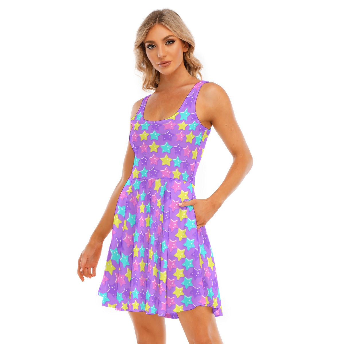 Electric Star Wave Purple Skater Dress With Pockets