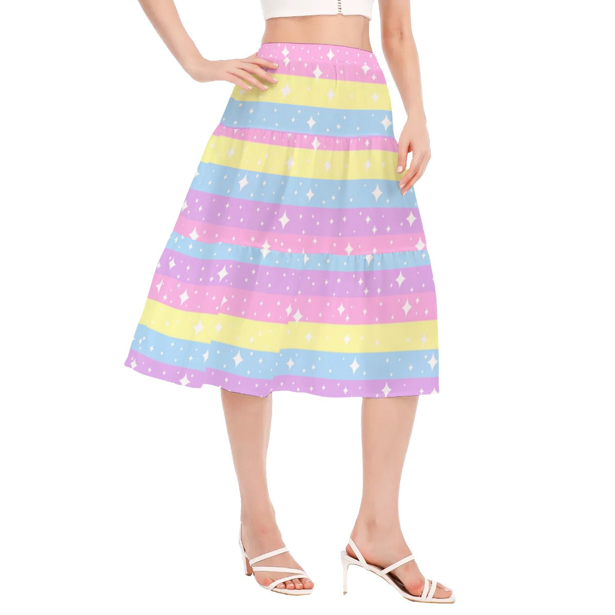 Rainbow Ribbon Women's Midi Ruffle Hem Chiffon Skirt