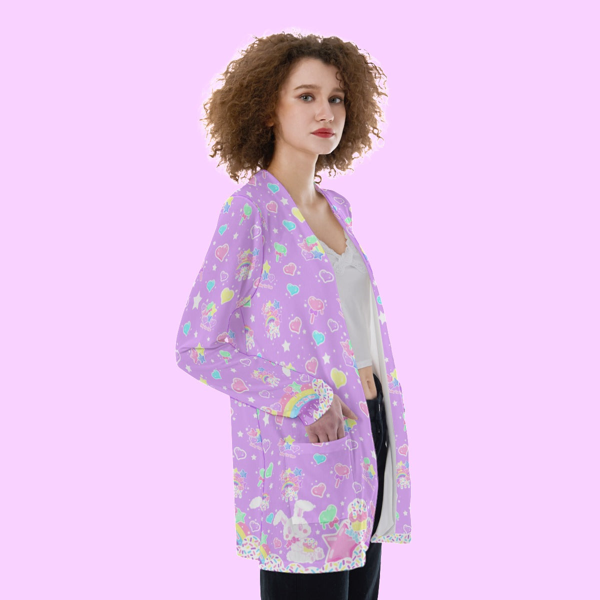 Rainbow Sweets Purple Open Front Lightweight Cardigan With Pockets