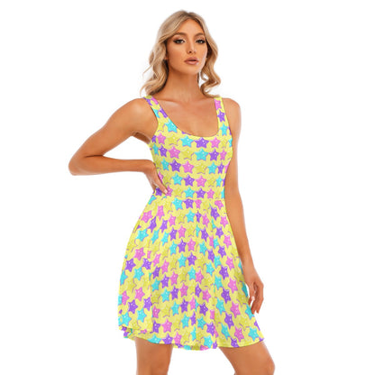 Electric Star Wave Yellow Skater Dress With Pockets