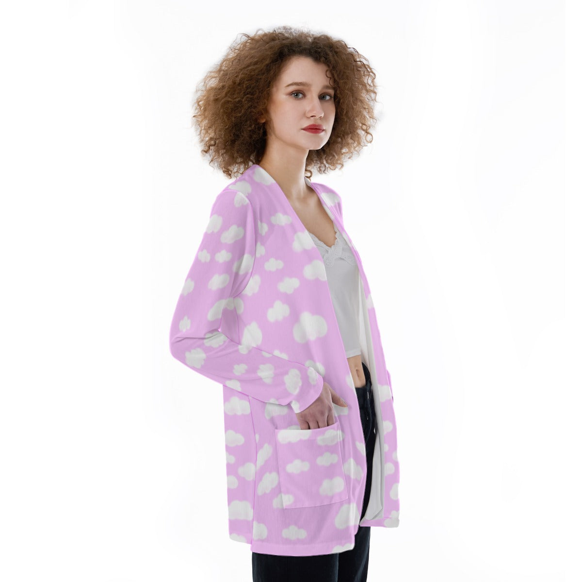 Dreamy Clouds Open Front Lightweight Cardigan With Pockets (Taffy Pink)