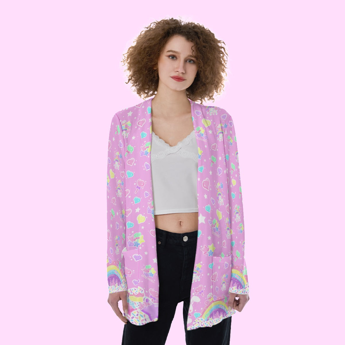 Rainbow Sweets Pink Open Front Lightweight Cardigan With Pockets
