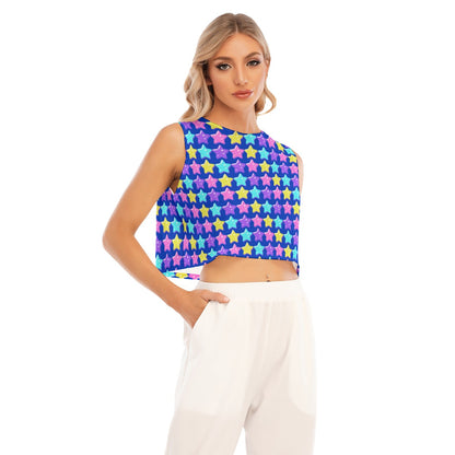 Electric Star Wave Navy Blue Sleeveless Relaxed Fit Crop Top