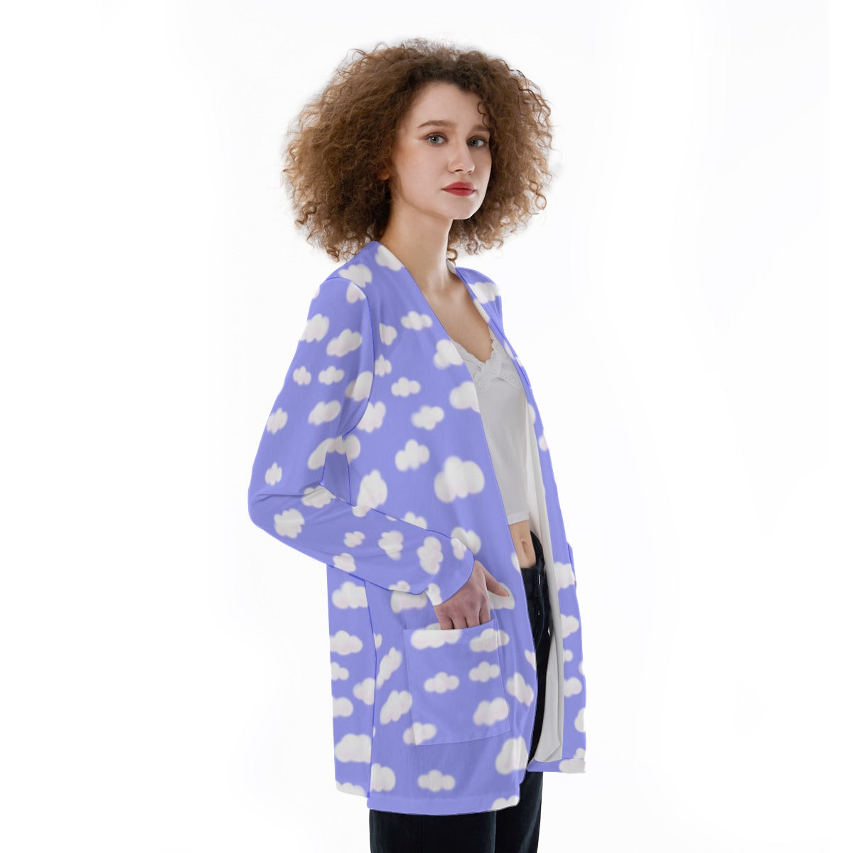 Dreamy Clouds Open Front Lightweight Cardigan With Pockets (Periwinkle)