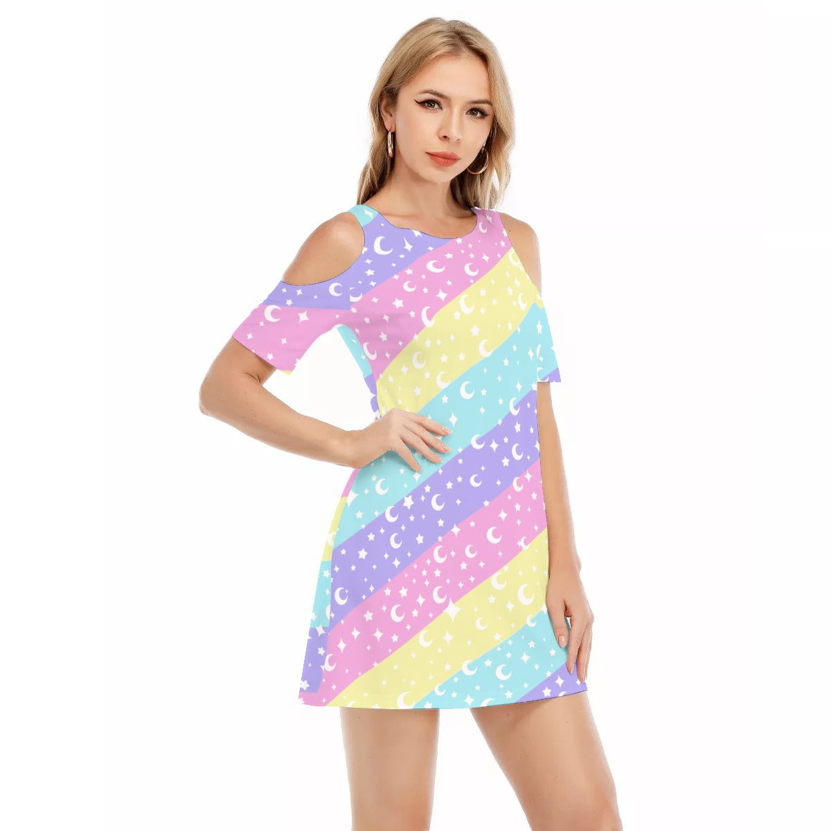 Cosmic Rainbow Women's Cotton Cold Shoulder Mini Dress