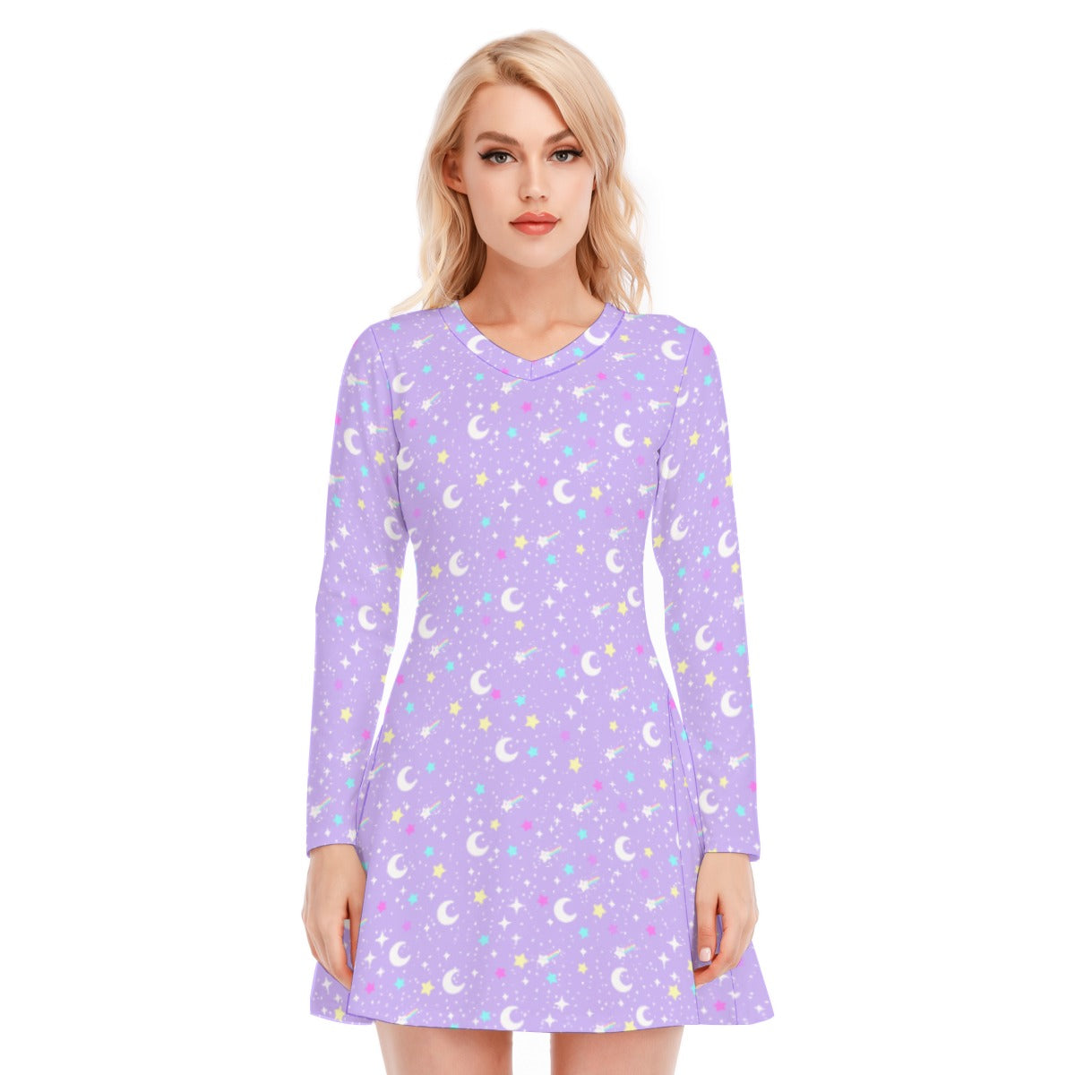 Starry Glitter Women's V-neck Long Sleeve Dress (Purple)