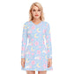 Cherry Blossom Dreams Women's V-neck Long Sleeve Dress (Blue)