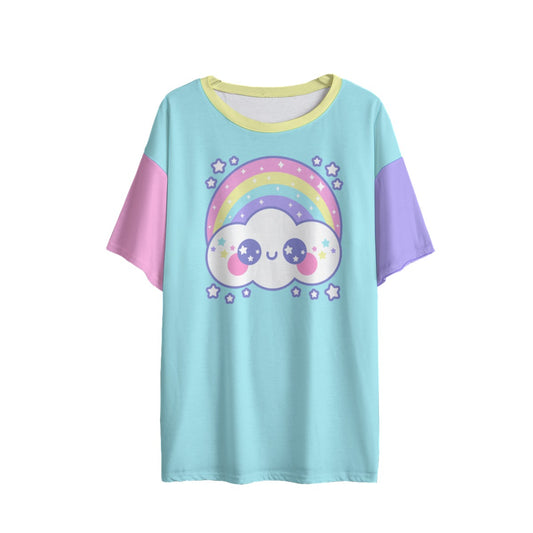 Happy Rainbow Cloud Blue Women's Drop Shoulder T-Shirt