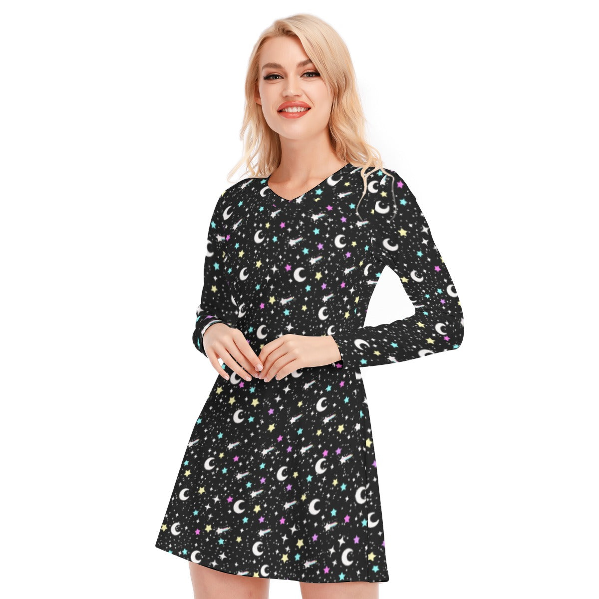 Starry Glitter Women's V-neck Long Sleeve Dress (Black)