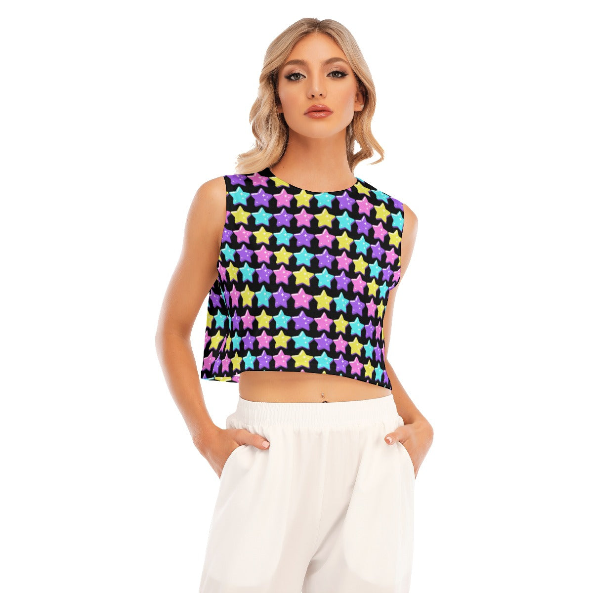 Electric Star Wave Black Sleeveless Relaxed Fit Crop Top