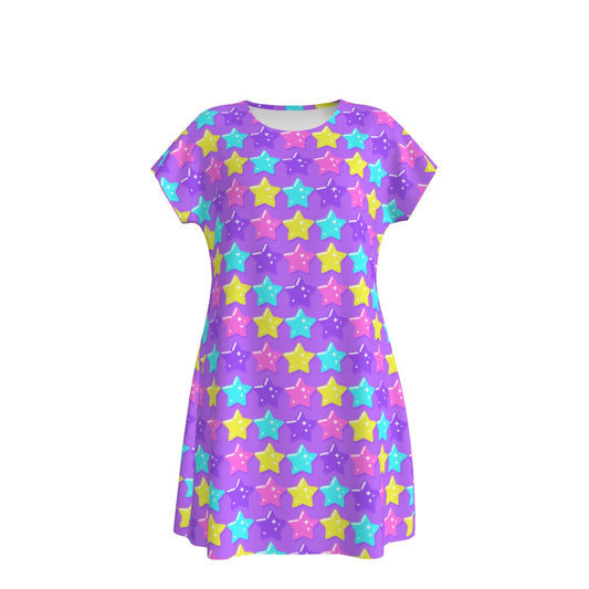 Electric Star Wave Purple Short Sleeve Dress
