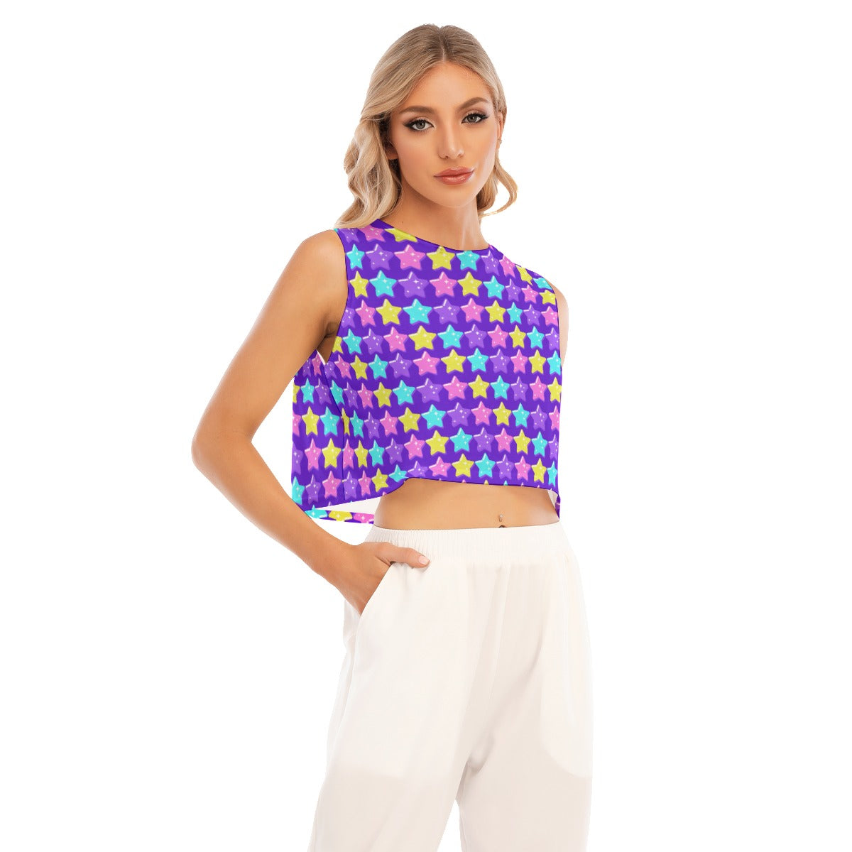 Electric Star Wave Indigo Purple Sleeveless Relaxed Fit Crop Top