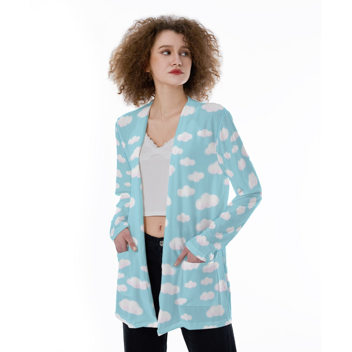 Dreamy Clouds Open Front Lightweight Cardigan With Pockets (Sky Blue)