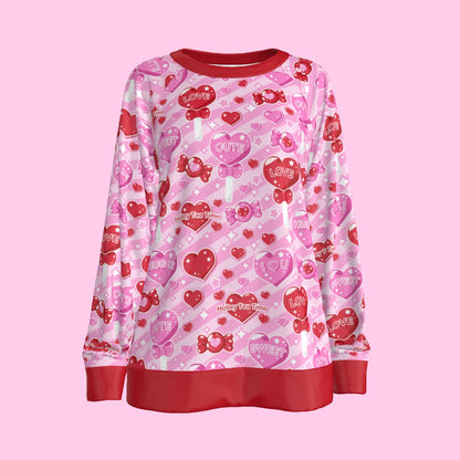 Candy Love Hearts (Red Cutie) Women's Round Neck Raglan Sleeve Sweatshirt
