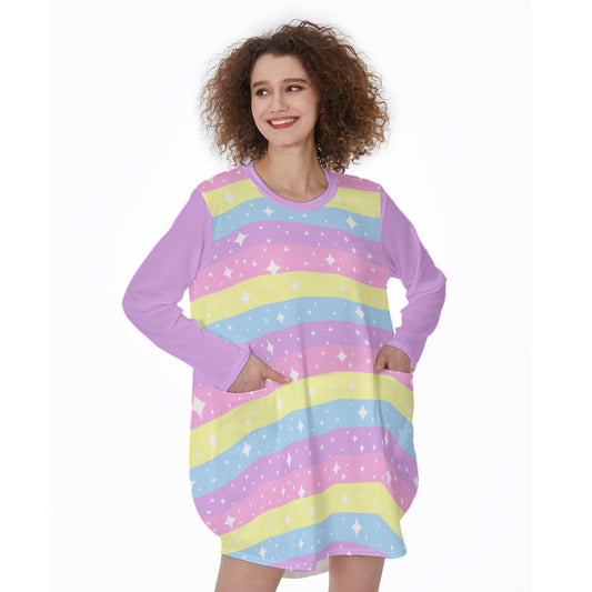 Rainbow Ribbon Long Sleeve Dress With Pockets