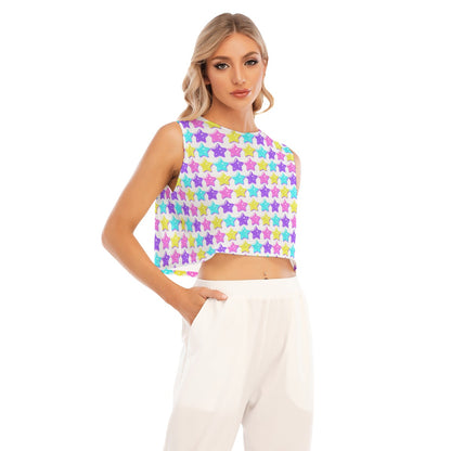 Electric Star Wave White Sleeveless Relaxed Fit Crop Top
