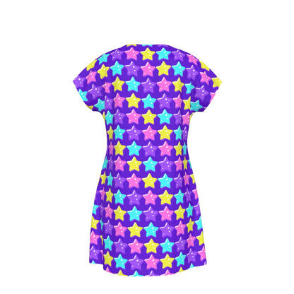 Electric Star Wave Indigo Purple Short Sleeve Dress