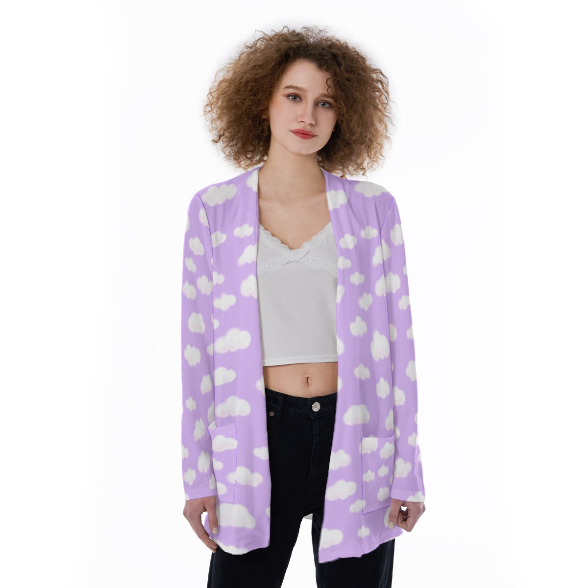 Dreamy Clouds Open Front Lightweight Cardigan With Pockets (Lilac)