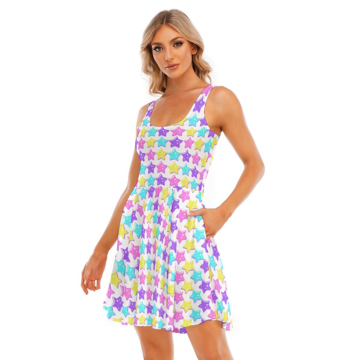 Electric Star Wave White Skater Dress With Pockets