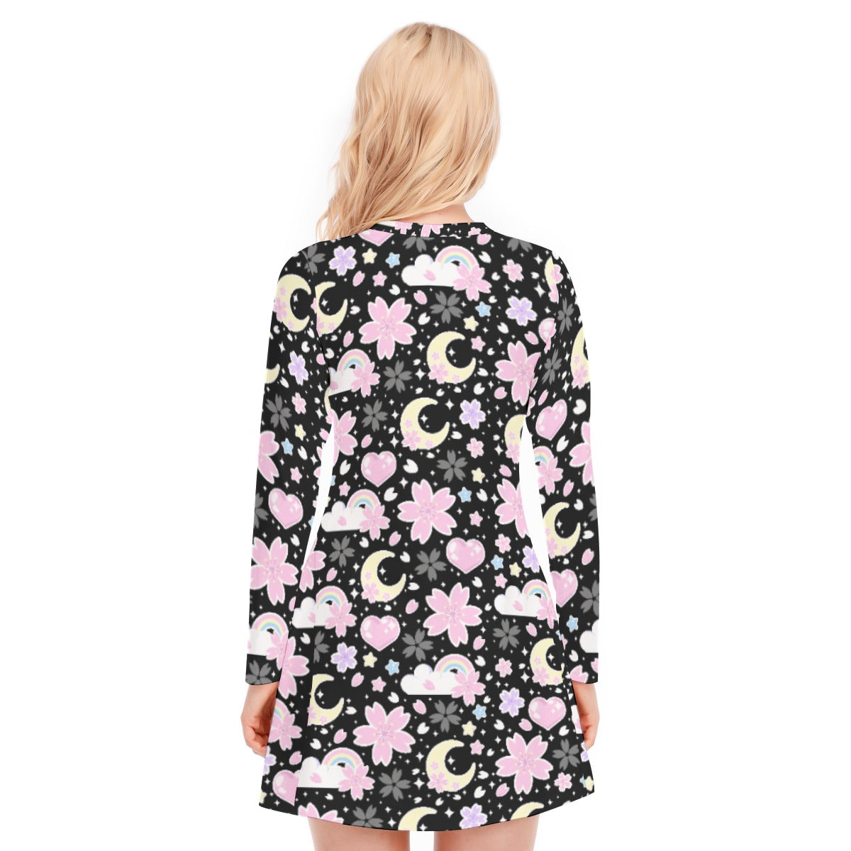 Cherry Blossom Dreams Women's V-neck Long Sleeve Dress (Black)