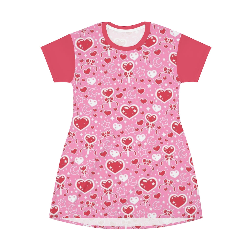 Sweet Feelings Pink All Over Print T-Shirt Mini Dress