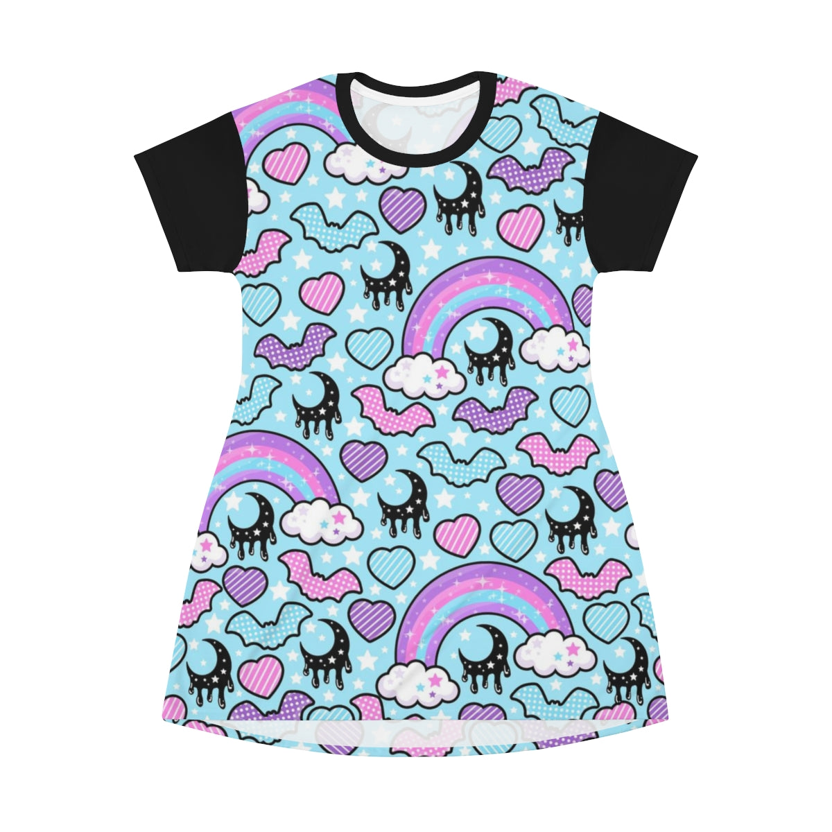 Rainbow Spooky Bats Blue All Over Print T-Shirt Mini Dress