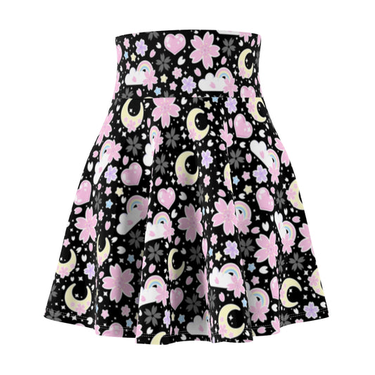 Cherry Blossom Dreams Black High Waist Skater Skirt