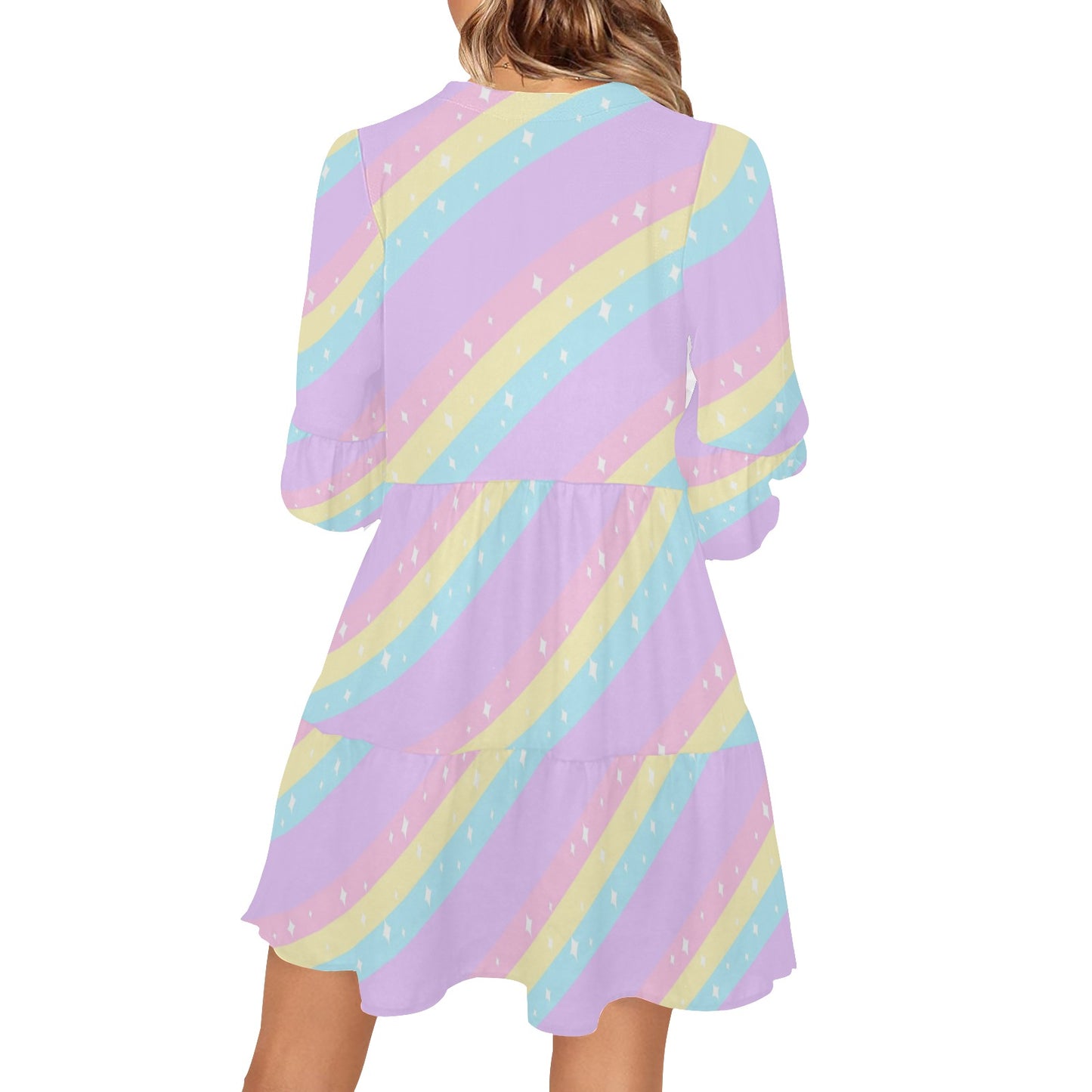 Teatime Fantasy Purple Rainbow V-Neck Loose Fit Chiffon Dress