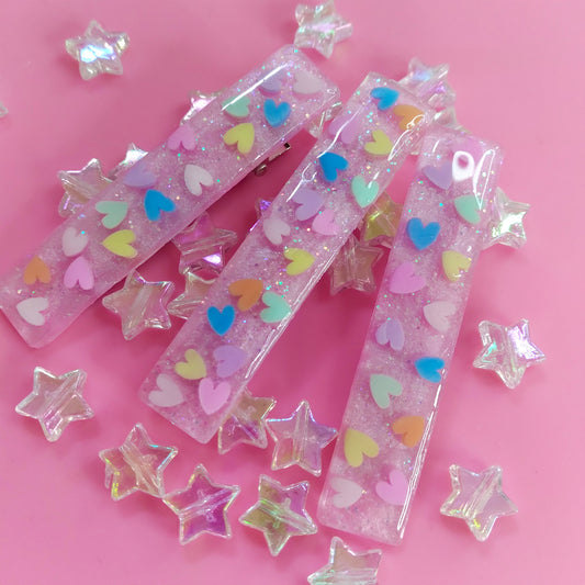 CUTIE RAINBOW HEARTS HAIR CLIPS PINK SET OF 3